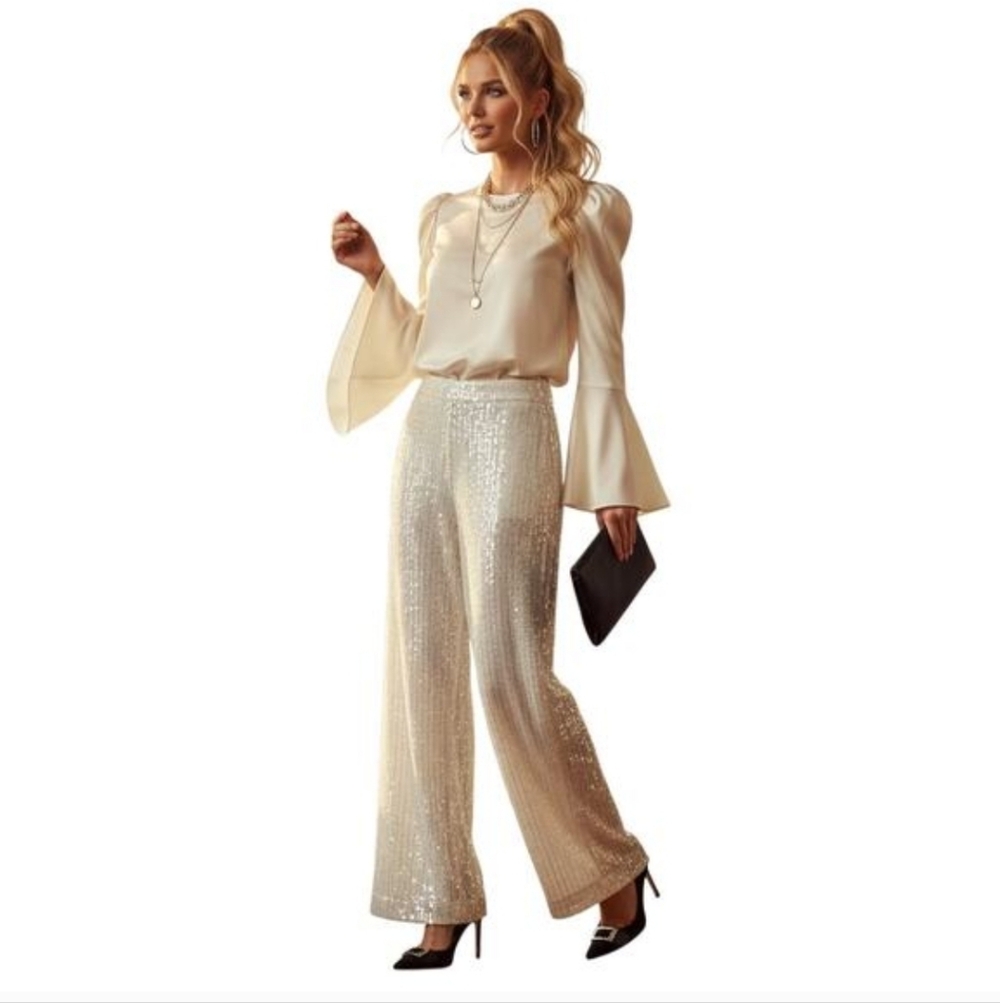 House of Harlow 1960 Fairy Sequin Wide Leg Pants In Ivory Size 8